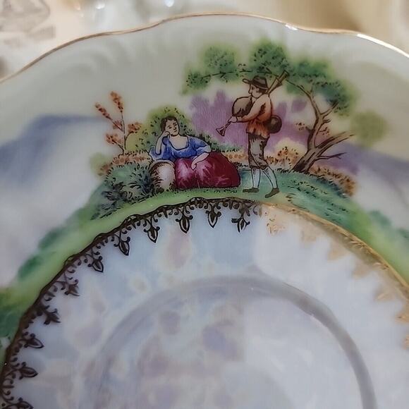 VTG Del Mar Japan Lustreware  Cup and Saucer Footed 24K Gold Trim Pastoral scene - Picture 6 of 14